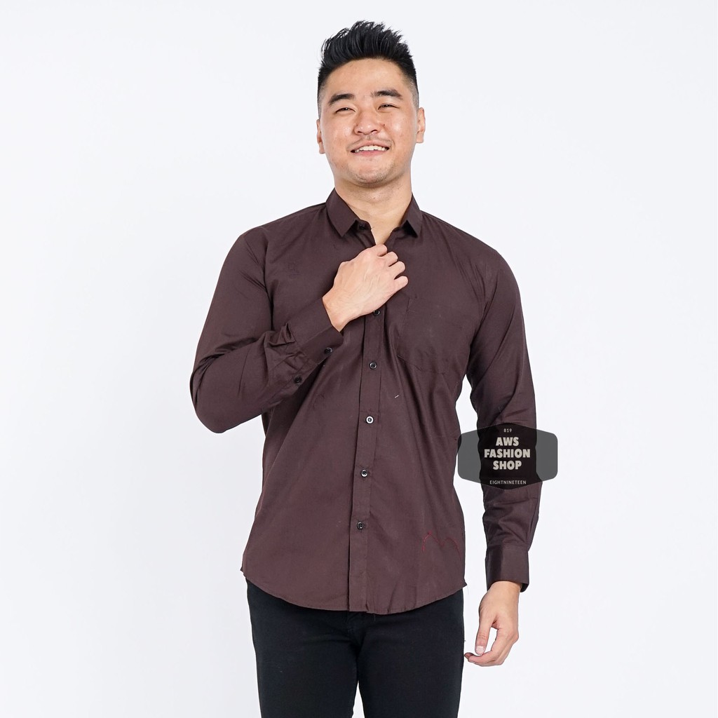 Kemeja Pria Lengan Panjang Polos Coklat Tua Dark Brown Kemeja Cowok Keren Casual Slimfit 3242