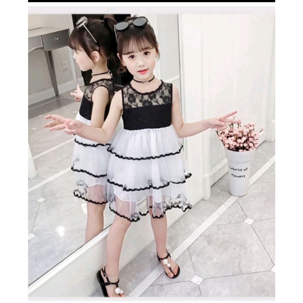 DRESS KIDS RECCA CREAM /IMPOR/ PUTIH / DRESS KACA / DRESS COMBI BRUKAT / LIST LACE HITAM/UMUR 7-10 TH / TERBARU / TERPOPULER