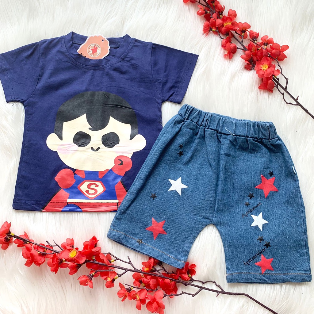 Baju setelan kaos celana pendek bayi cowok anak laki laki lucu fashion murah bahan adem nyaman -sup