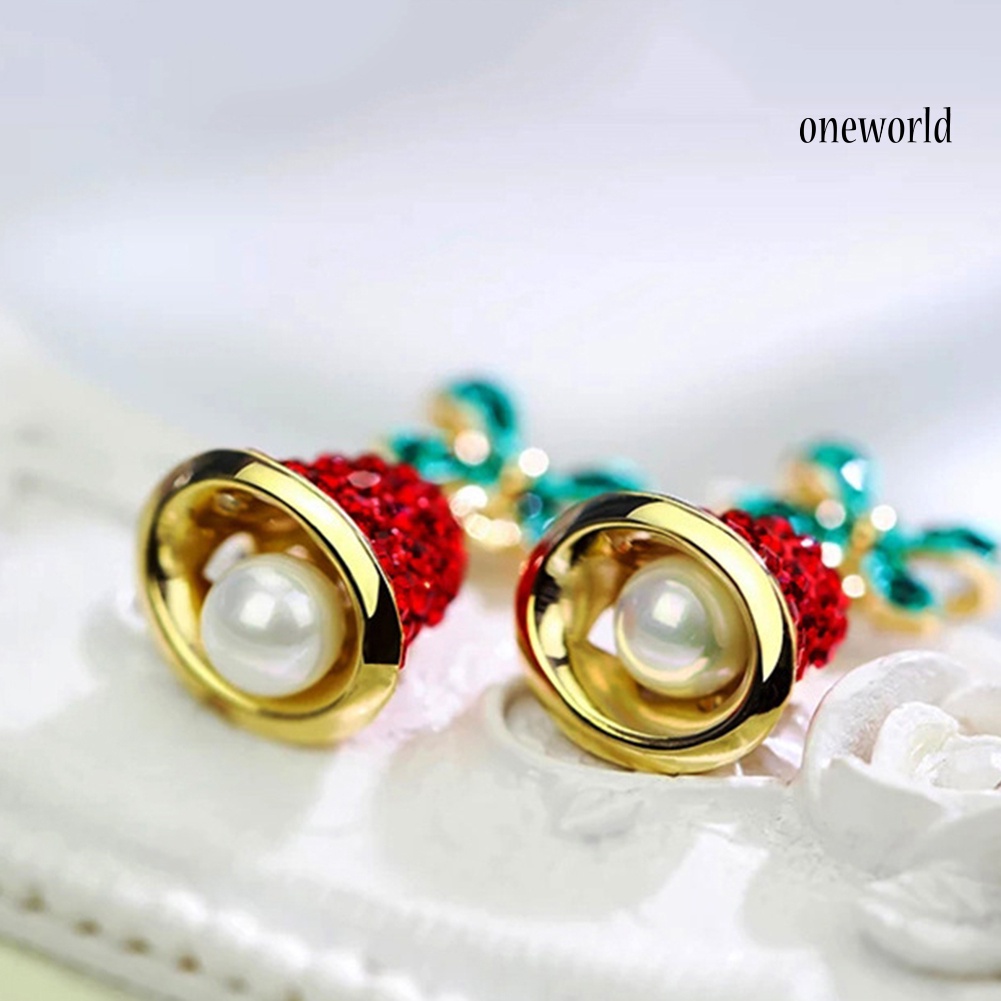 OW# Women Rhinestone Wind Chime Bell Bow Faux Pearl Stud Earrings Xmas Jewelry Gift