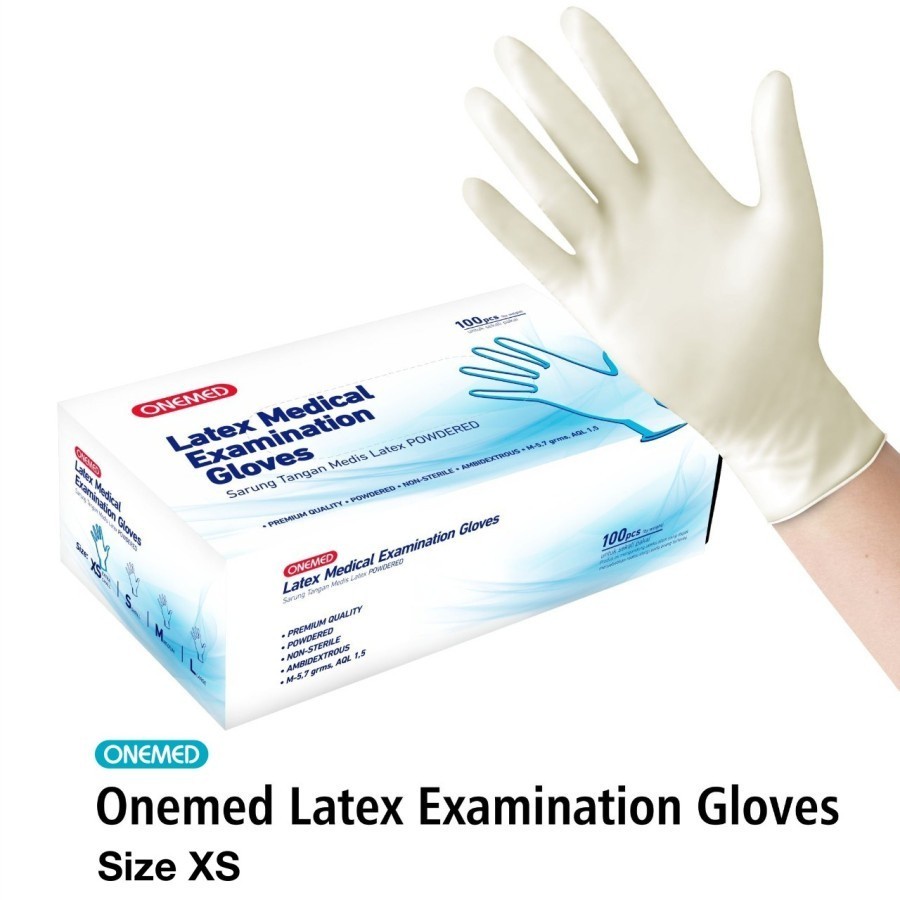 Sarung Tangan Karet Latex Examination Gloves Handscoon Onemed Powder Isi 100 Pcs