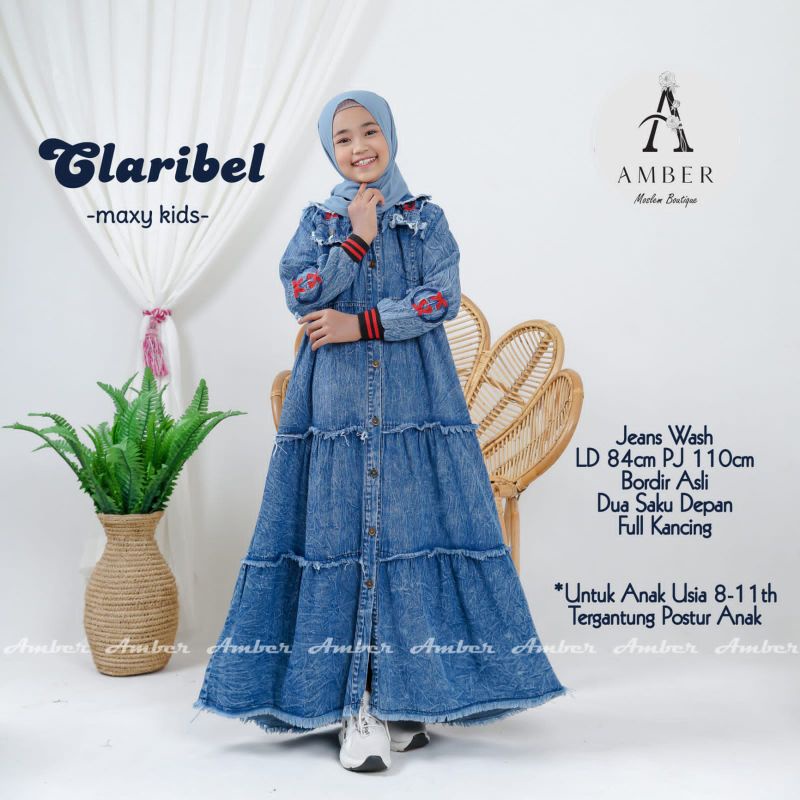 CLARIBEL Gamis Dress Jeans Denim Anak Perempuan usia 8 - 11 Tahun Murah Terbaru