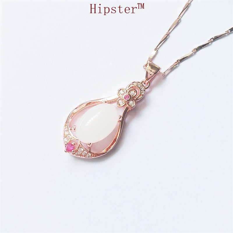 Fashion Classic Hot Sale 18K Rose Gold Full Diamond Pink Jade Pendant Elegant Necklace