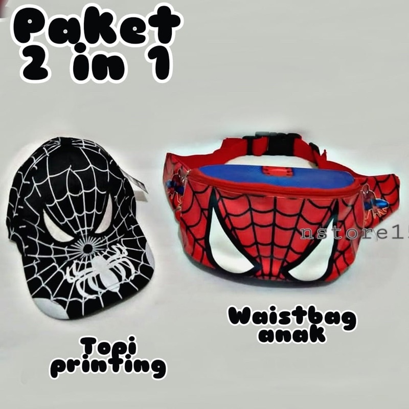 2 in 1 Waistbag Anak Motif SUPERHERO SPIDERMAN DAN TOPI SPIDERMAN