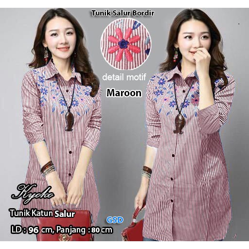 tunik salur bordir/atasan tunik lengan panjang wanita/tunik fashion cewek murah