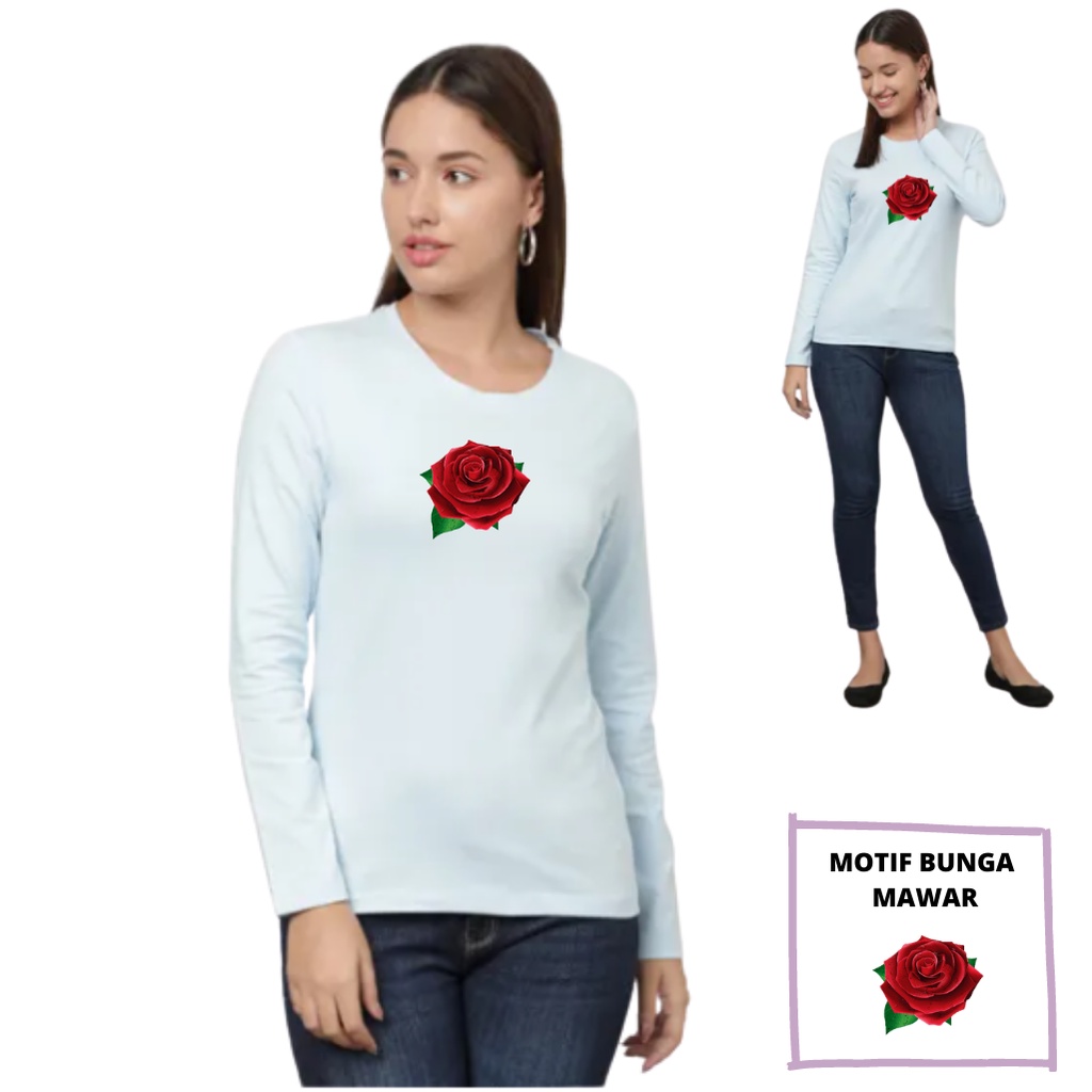 Choice Ali Baju Lengan Panjang Kaos Wanita Bahan Babyterry Motif Bunga Mawar