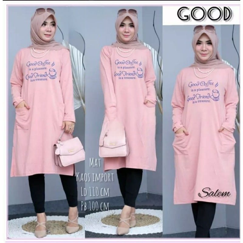 JF Atasan Tunik kaos babyterry Jumbo Wanita Muslimah Terbaru GOOD COFFE