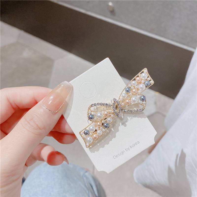 Jepit Rambut Bentuk Pita Aksen Mutiara Dan Berlian Imitasi Untuk Musim Panas