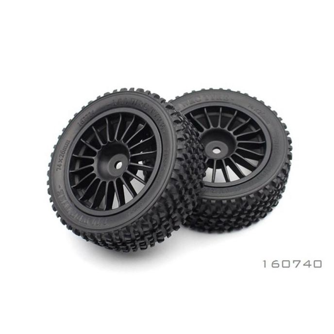 BRC 1/10 RALLY BLACK FRONT TYRE AND RIM (PREGLUED) 75X26MM (2)