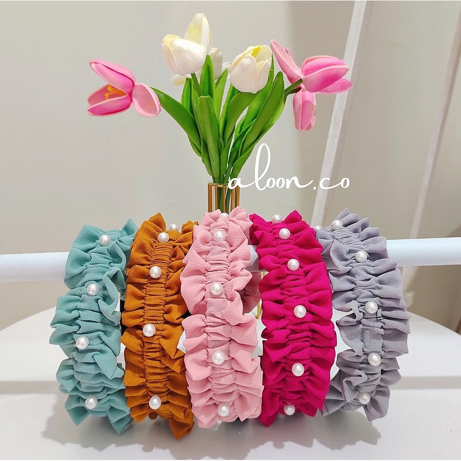 Bando Nagita Ruffle Mutiara – Bandana Korea Bando Viral – Bando Scrunchie Korea