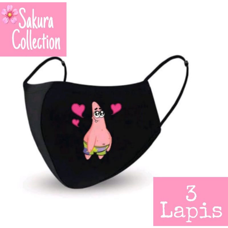 Masker Patrick star /Hitam 3 Lapis - 3 Ply - scuba - earloop - KN95