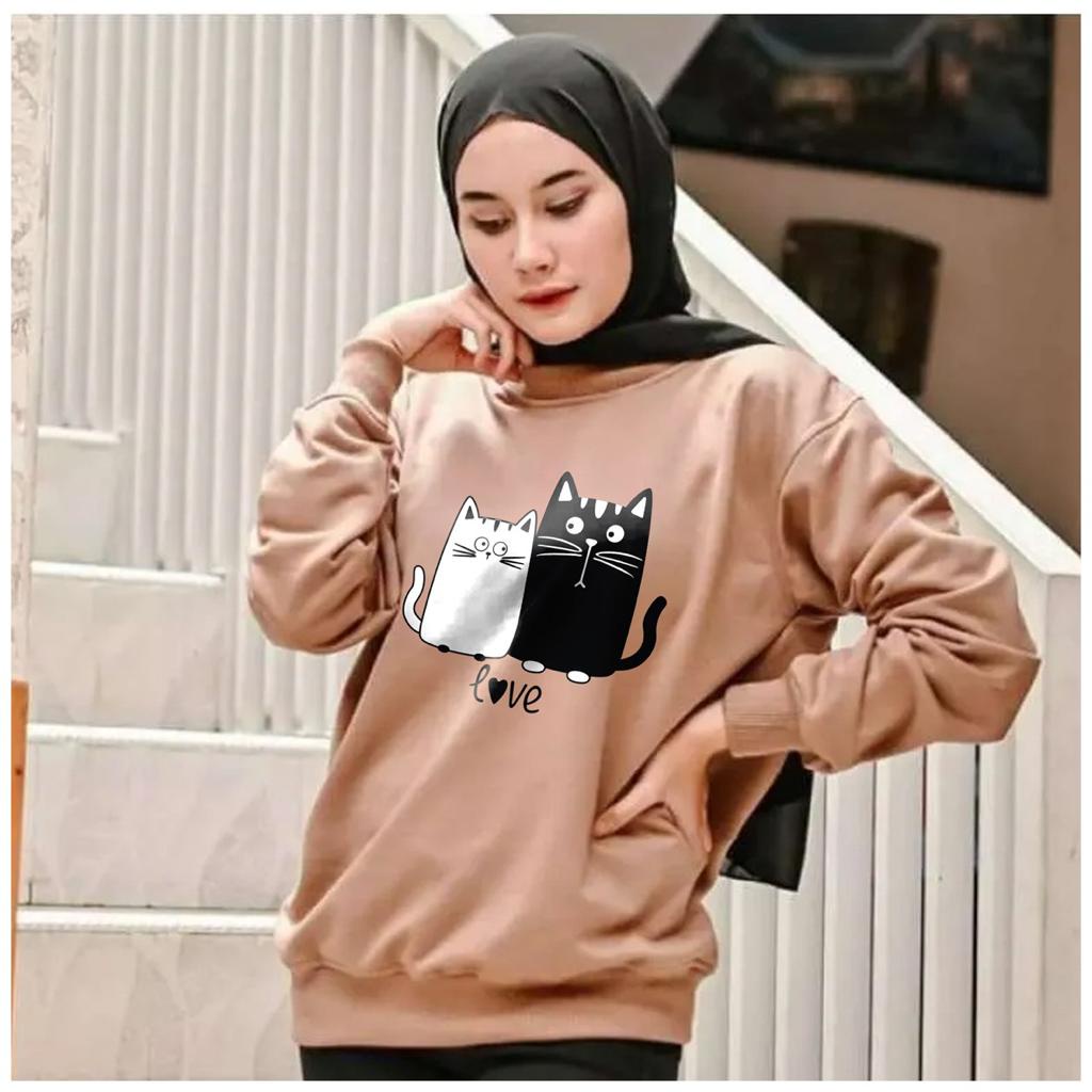 Kaos Lengan Panjang meow LOVE / Kaos Sweatshirt / Atasan Wanita / Atasan Wanita Lengan Panjang