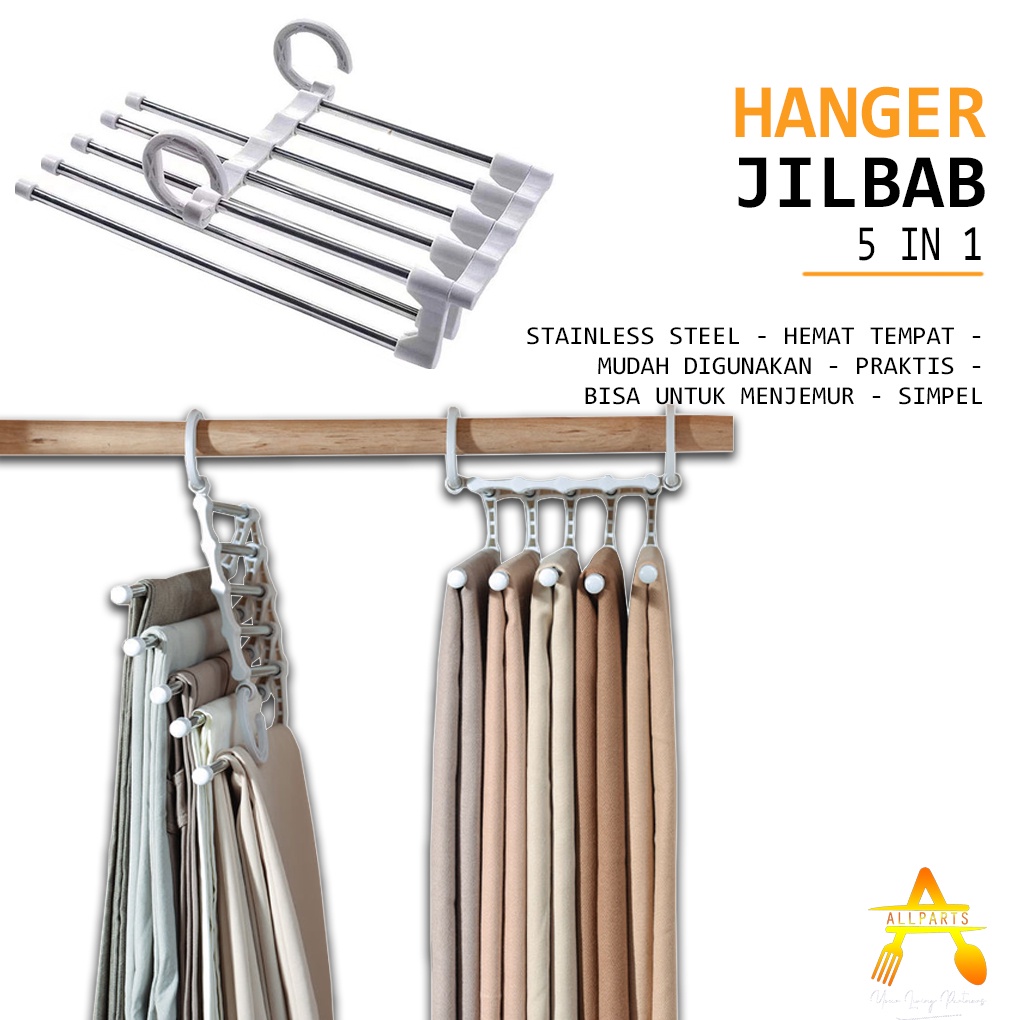 Gantungan Kapstok Jilbab Hanger Celana Panjang Besi Susun Rak Gantung Unik 5 in 1 Stainless Steel