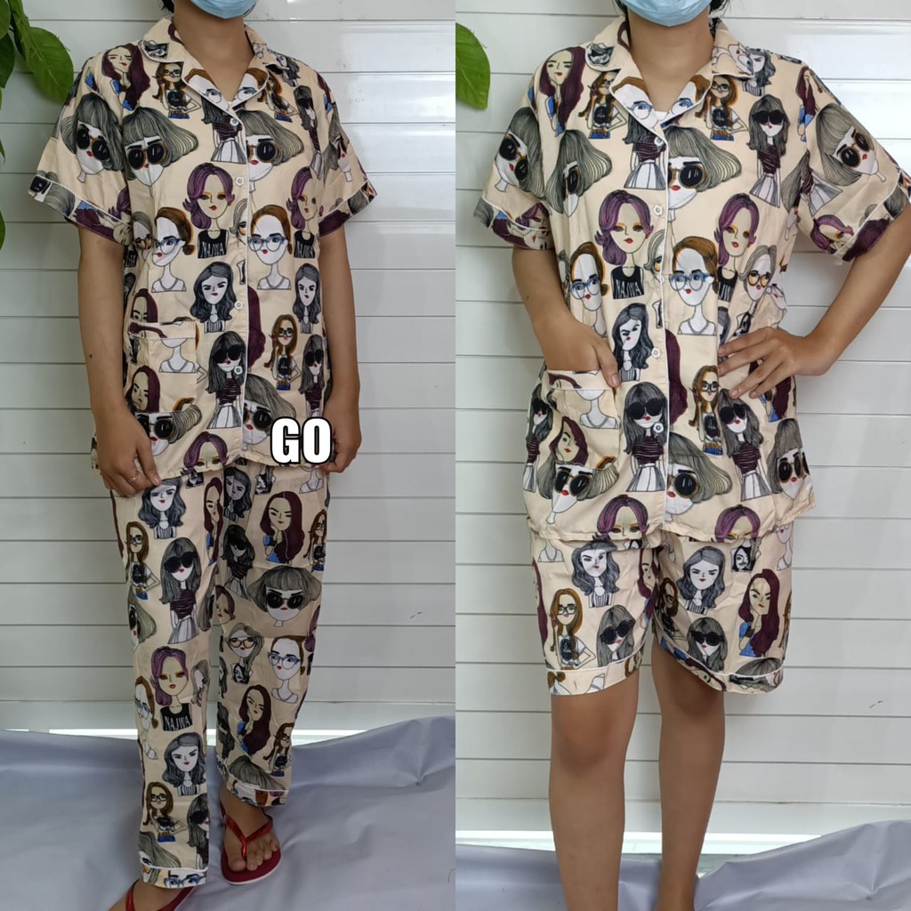 gof PIYAMA 3 IN 1 Pakaian Wanita Setelan Casual Santai Motif Original Bagus Lengan Pendek