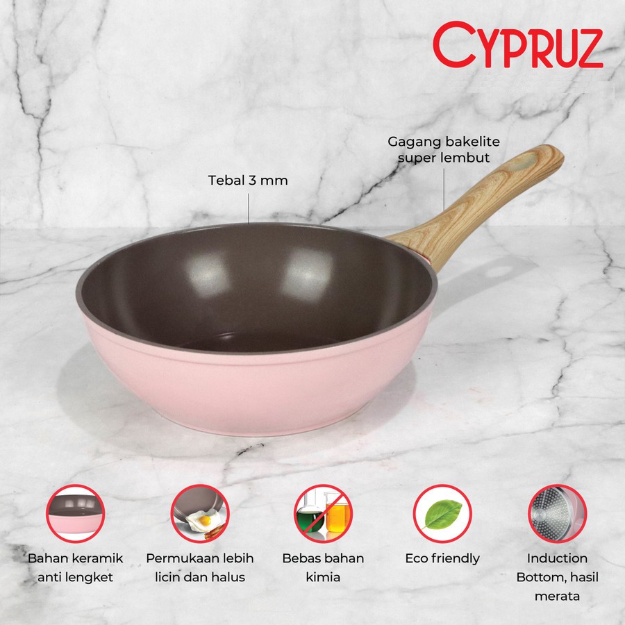 Cypruz Wajan Keramik / Pink Ceramic White Wood Handle Series Wok 26 Cm (FP-0902)