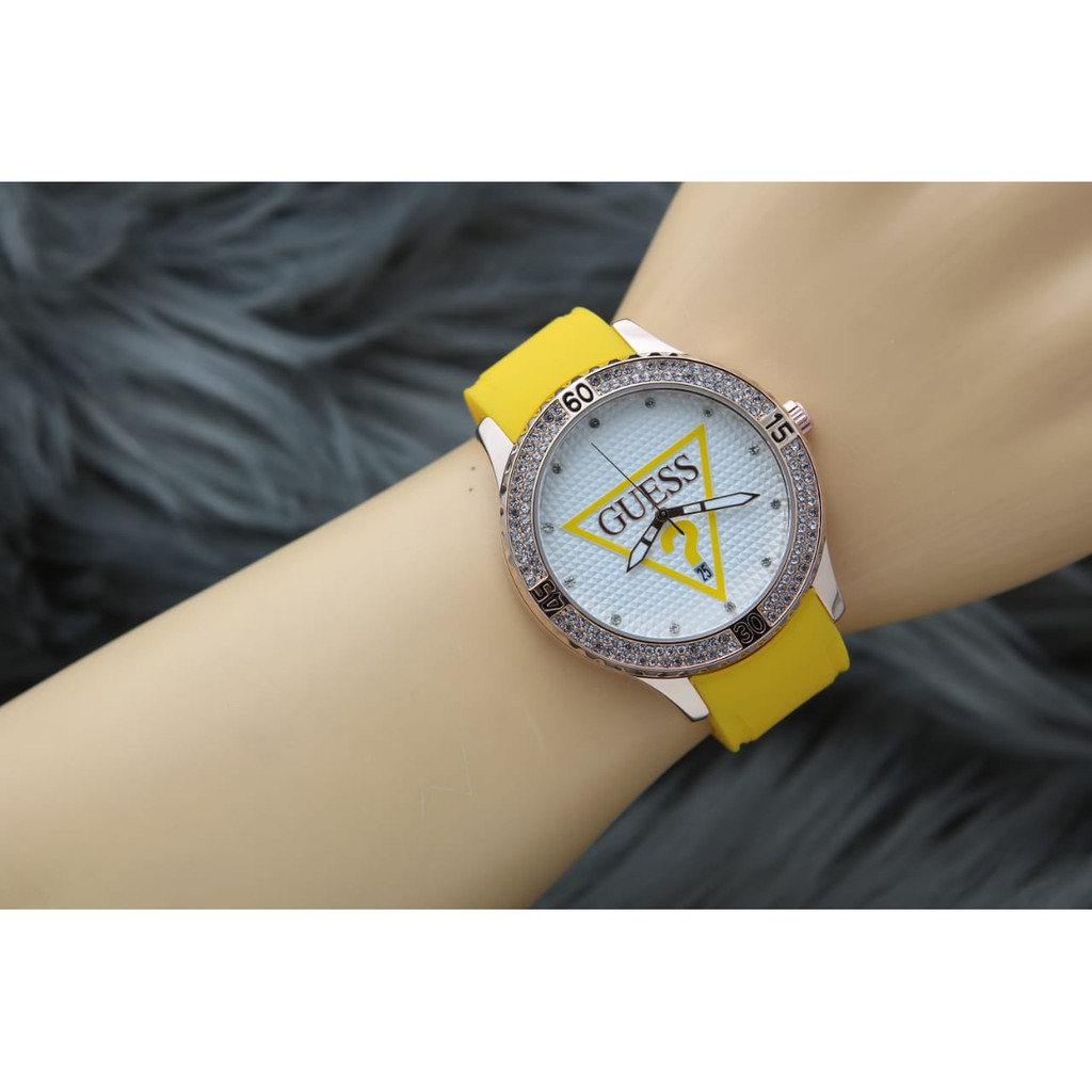 Jam Tangan Wanita Guess Tanggal Aktif Tali Rubber Plat Putih
