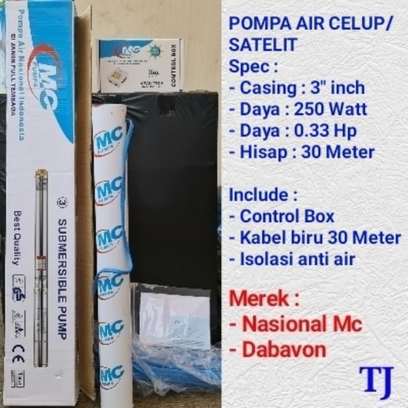 POMPA AIR SATELIT/CELUP/SUBMERSIBLE-0.33 Hp-3" inch-Kabel Biru 30 Meter-250 Watt-NASIONAL/DABAVON