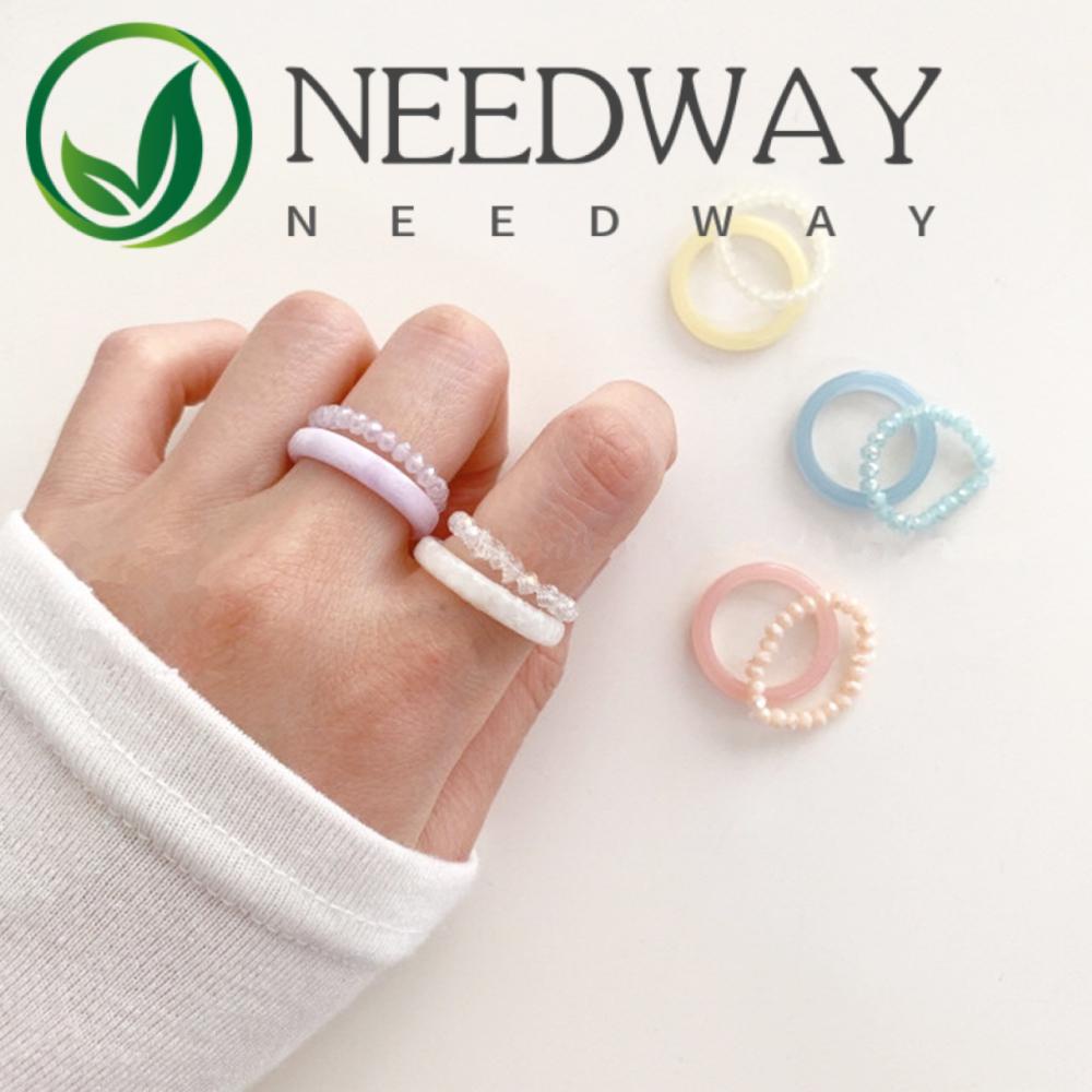 Needway  Korea Resin Rings Colorful Jewelry Ring Set Women Party Gifts 2PCS/SET Spring Vintage Crystal Beads/Multicolor