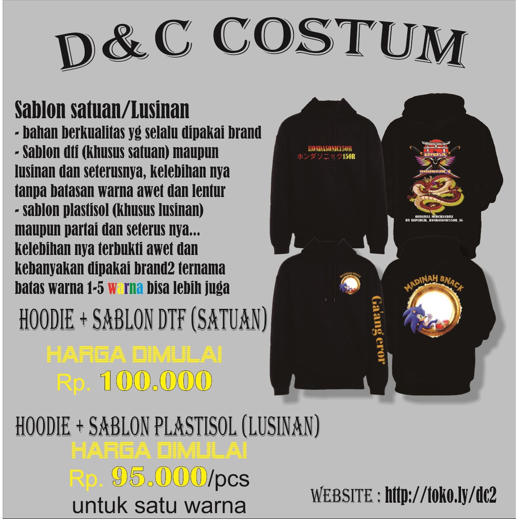 hoodie Costum satuan/Lusinan sablon Dtf/Plastisol