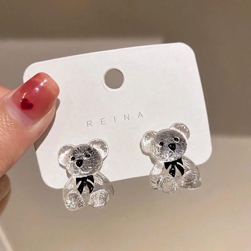 Anting Desain Kartun Beruang Coklat Bahan Resin Transparan Gaya Korea Untuk Wanita