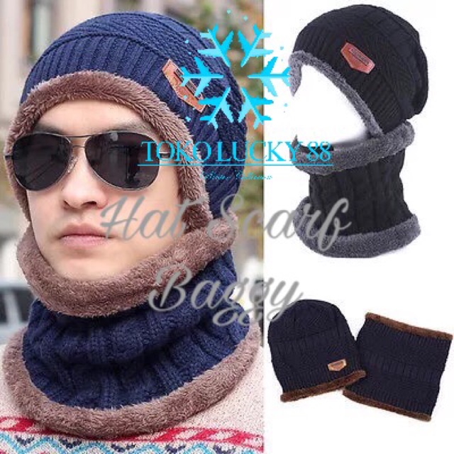 IMPORT Hat scarf baggy fur Topi Syal Bulu Set Musim Dingin Winter