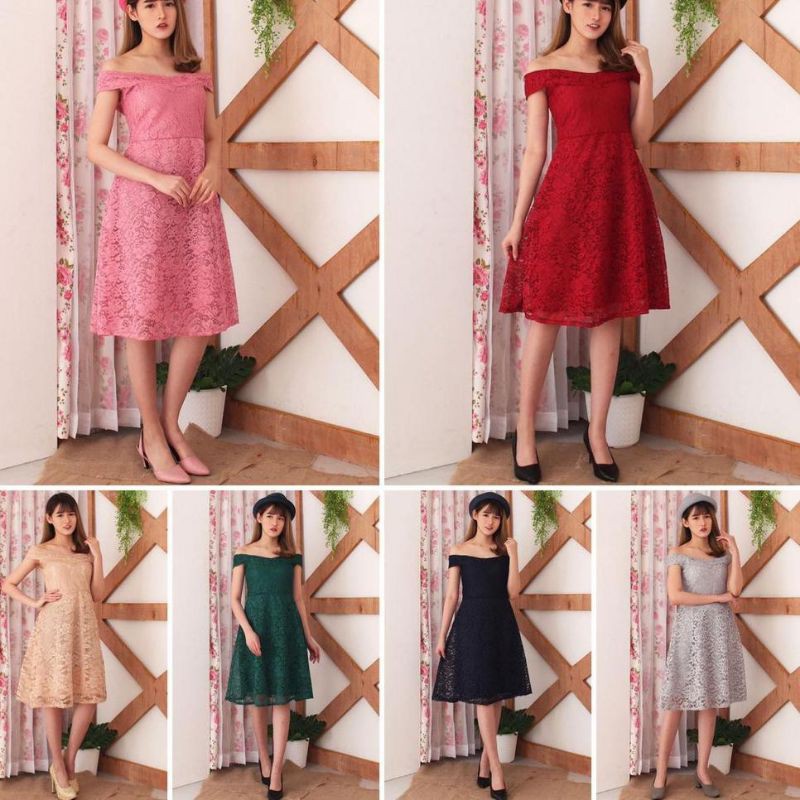 Dress sabrina pesta brukat corneli tebal brokat vneck dress cantik nikahan wisuda tunangan lamaran