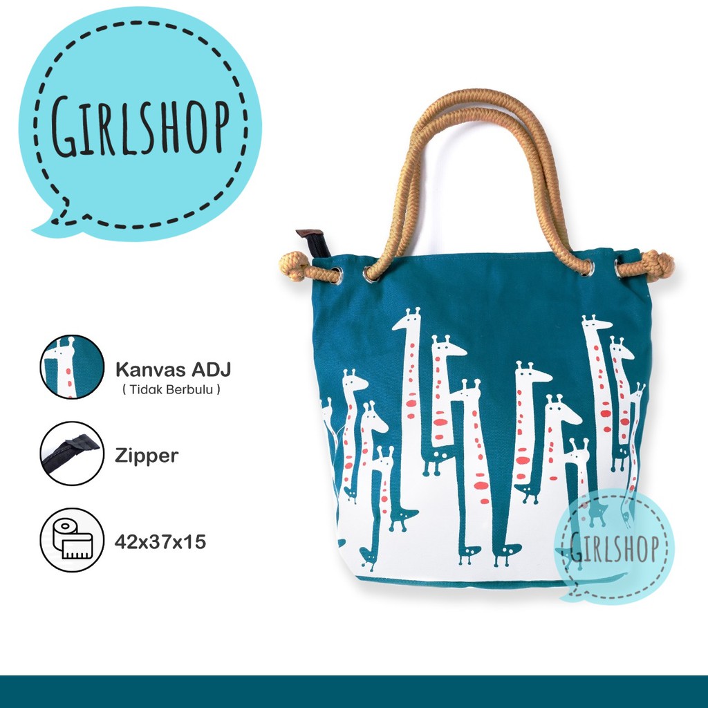 TOTEBAG / TOTE BAG KANVAS DENGAN TALI SUMBU SUDAH RESLETING AMAN MOTIF giraffe