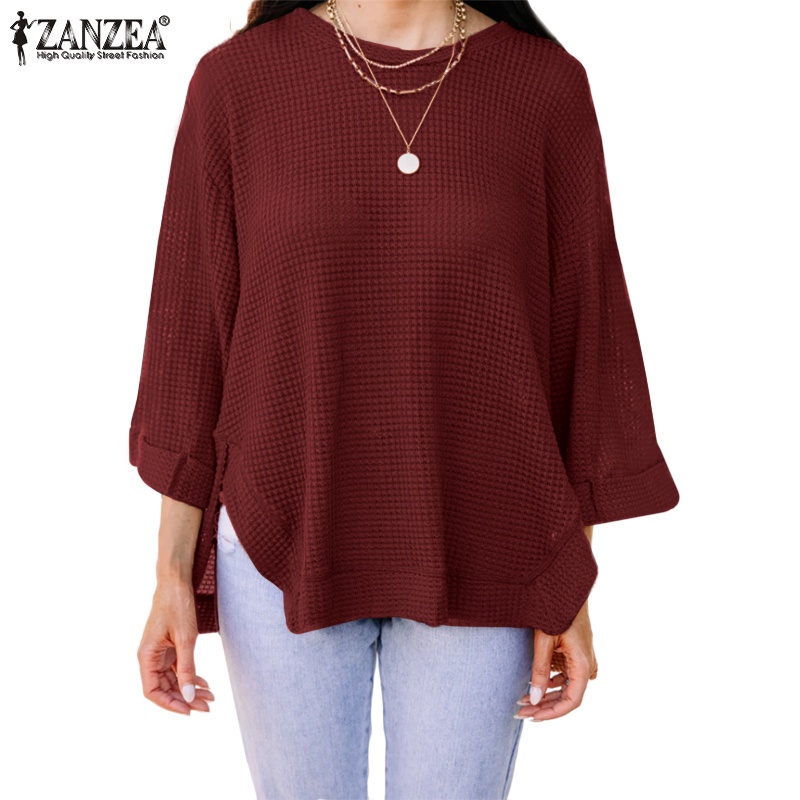 ZANZEA Women Retro O Neck Full Sleeve Casual Split Hem Loose Blouse