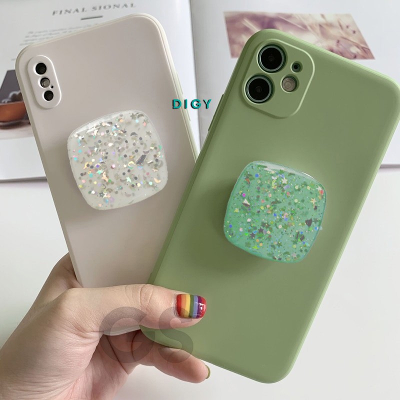 Popsocket Glitter kotak / ring stand hp quality import Pop Socket Hp Motif polos holder kotak hp / pegangan hp / standing socket