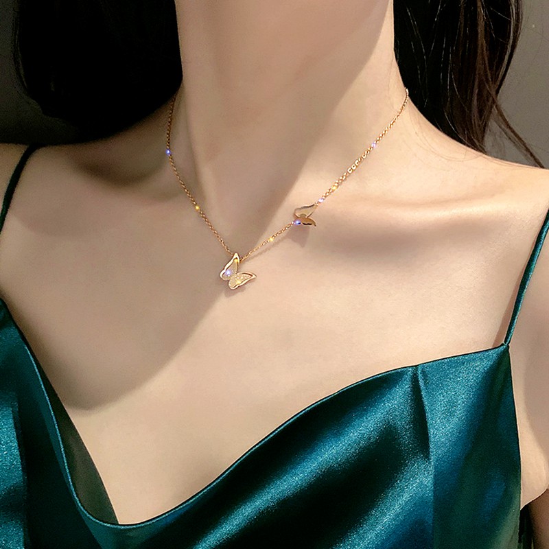 Kalung Rantai Lapis Emas 18K Liontin Kupu-Kupu Lapis Emas 18K Anti Karat untuk Wanita