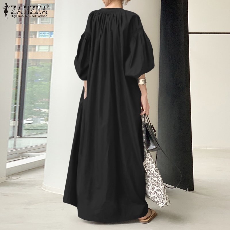 ZANZEA Women Collar V-Neck Puff Sleeve Solid Casual Maxi Dress