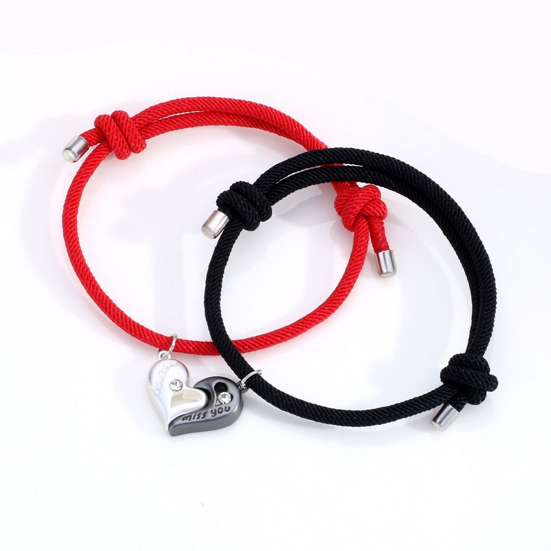 Red and black rope love wishing stone couple stitching magnetic magnet weaving adjustable bracelet set Korean fashion jewelry gifts for men and women friends best accessories factory wholesale in stock