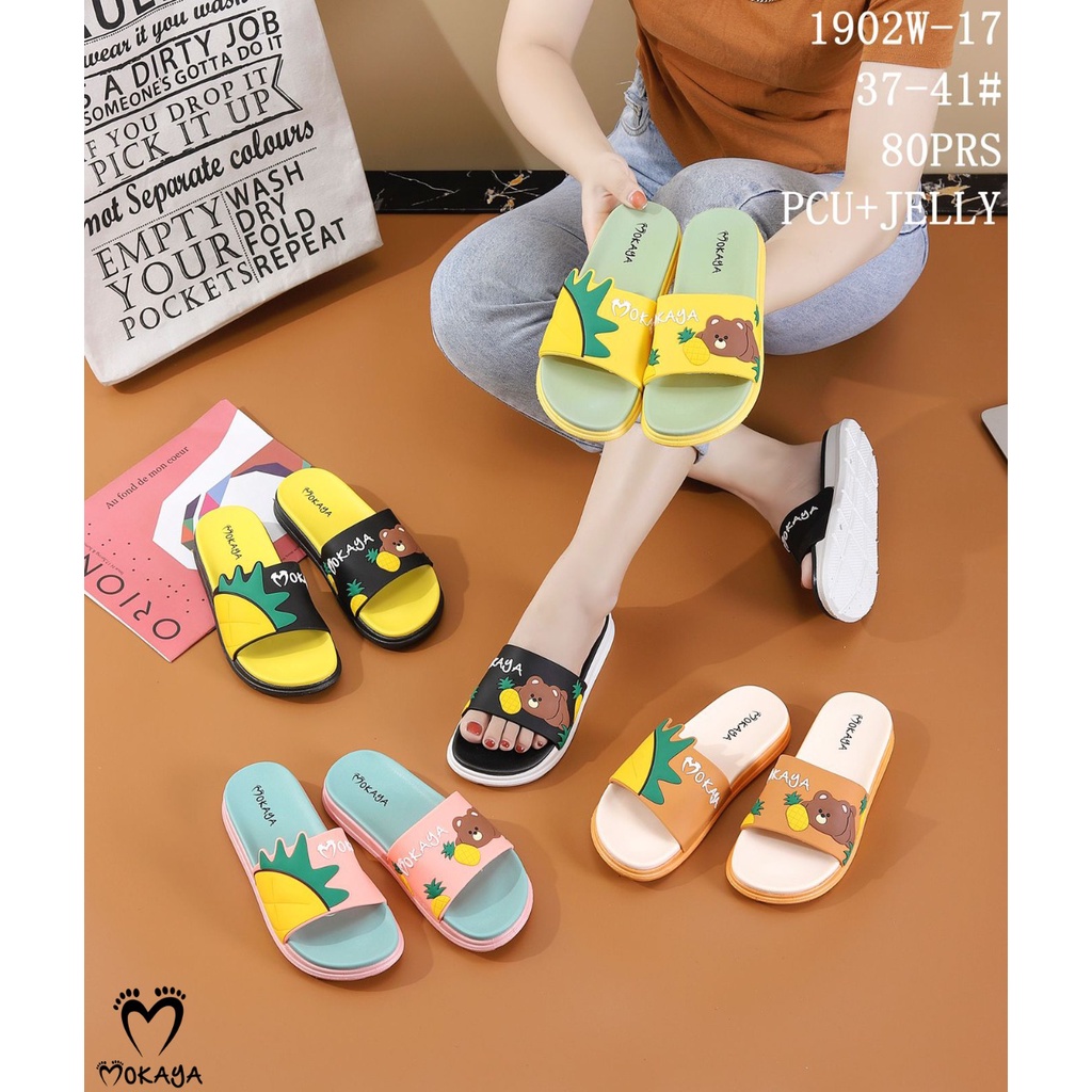 Sandal Slop Jelly Tebal Empuk Wanita Motif Pinnapple Bear Cute Cantik Import Mokaya / Size 37-41 (1902W-17/1902W-G2)