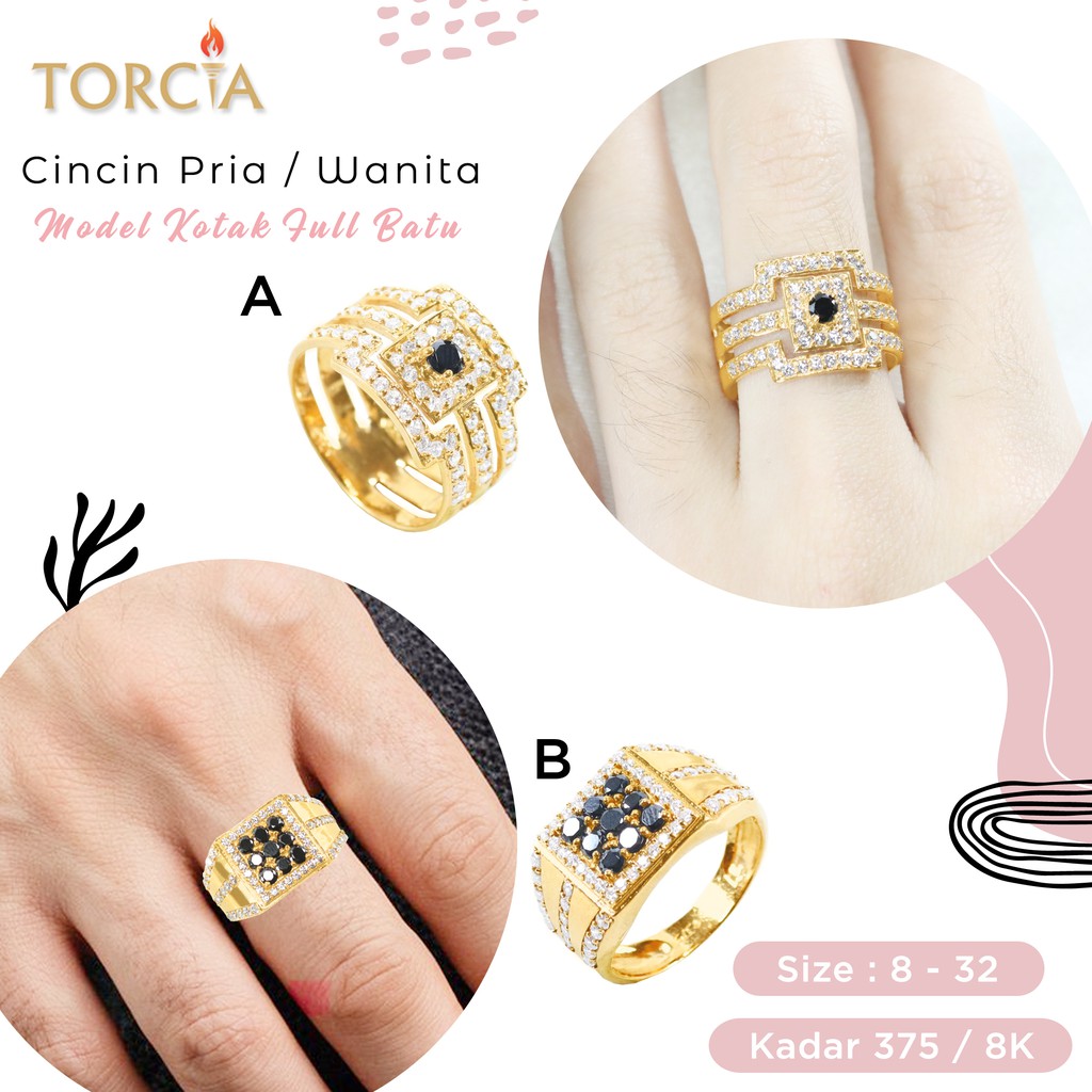 Cincin Pria / Wanita Emas Asli Model Kotak Full Batu Kadar 375 Torcia
