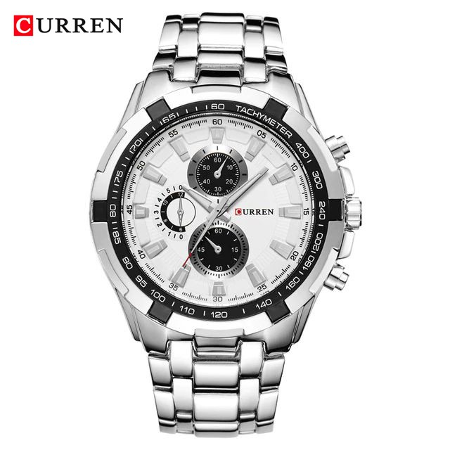 CURREN 8023 Jam Tangan Pria Analog Stainless Steel Chronograph Tidak Aktif ALL-TIME CURRENOS-Silver Putih