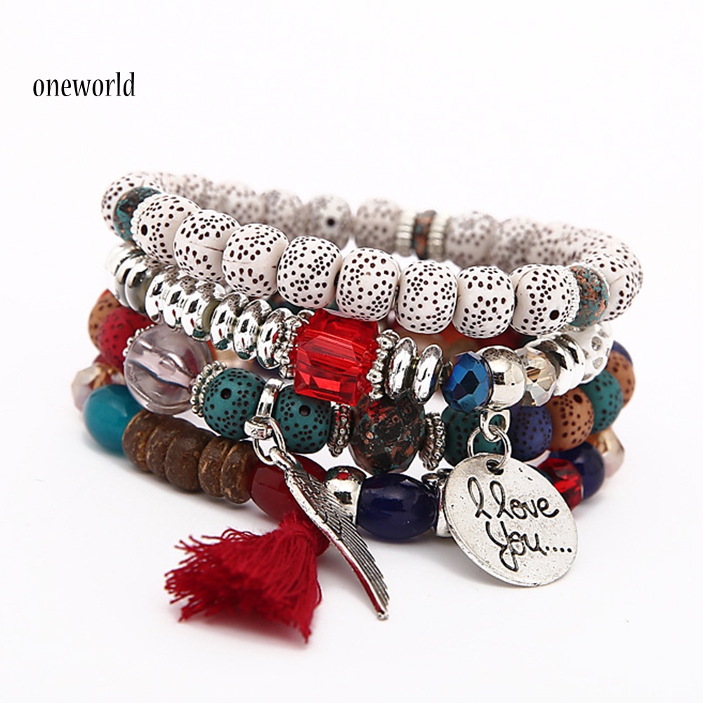 Oneworld Gelang Manikmanik Batu Alam Multilayer Aksen Rumbai Gaya Bohemian Untuk Wanita