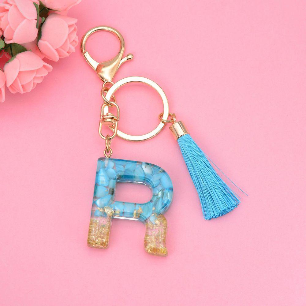 [Elegan] 26huruf Gantungan Kunci Resin Fashion Aksesoris Biru Rumbai Liontin Ornamen Kristal Alfabet Key Chain