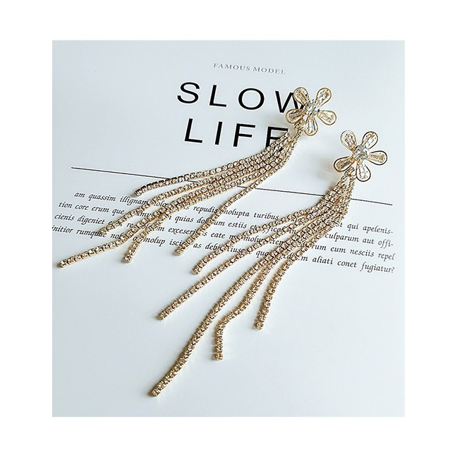 LRC Anting Tusuk Fashion Yellow Alloy Flower-studded Tassel Earrings D28675