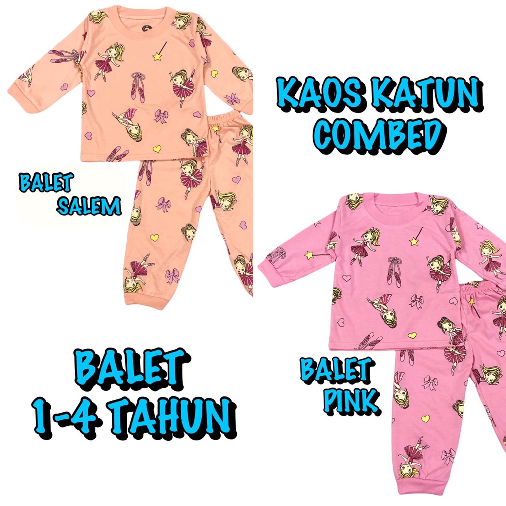 (1 KG MUAT 7 STEL) BAJU TIDUR ANAK KIDS PEREMPUAN/CEWEK SETELAN/STELAN BAHAN KAOS KATUN PP WARNA BALET/BALERINA