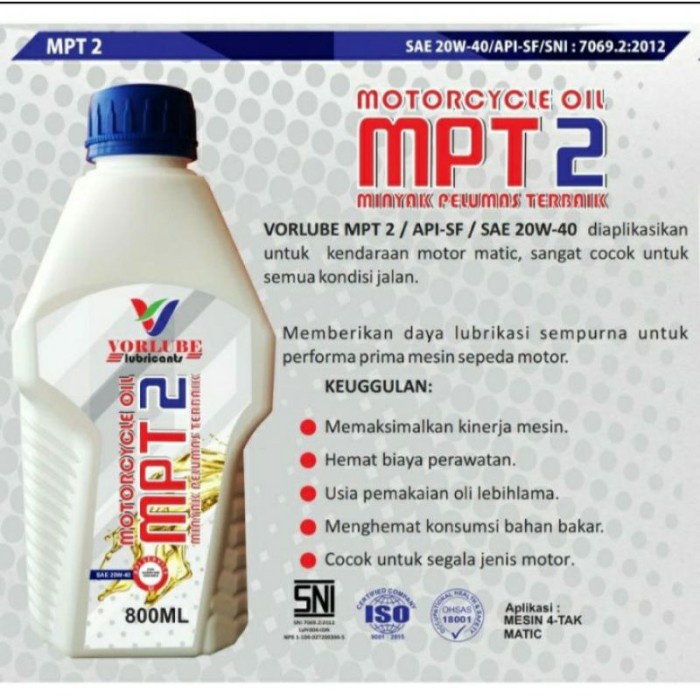 Vorlube MPT 2 SAE 20W40 API SF 0,8 L 800 ml Oli Motor Matic SNI