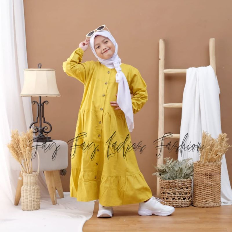 Midi Dress Kerut Susun Anak Bahan Katun Linen Rami Premium