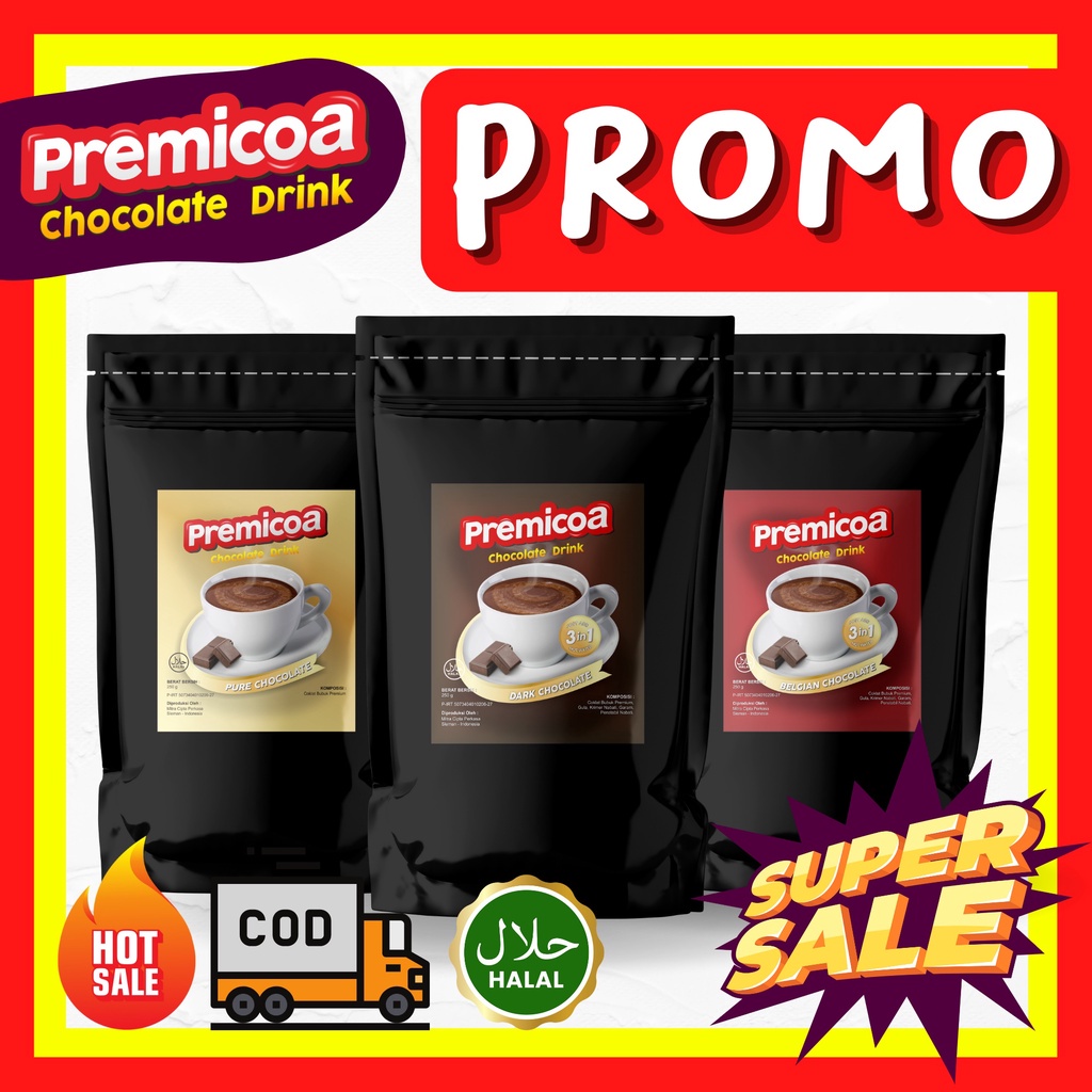

COKLAT BUBUK MINUMAN SIAP SEDUH DAN BAHAN KUE PREMIUM CHOCOLATE PREMICOA 250 GRAM (PURE, BELGIAN, DAN DARK CHOCOLATE)