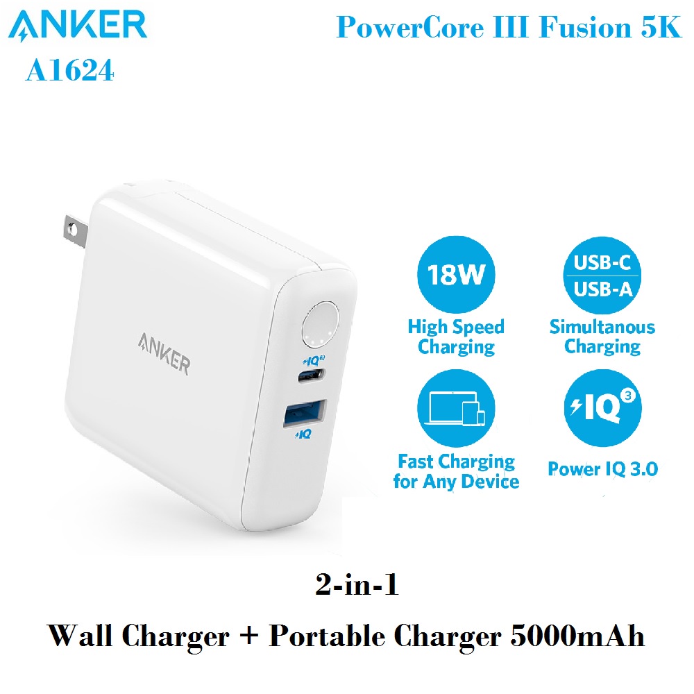 ANKER A1624 - 2-in-1 PowerCore III Fusion 5K - Support PD 18W - Charger dan Powerbank 5000mAh