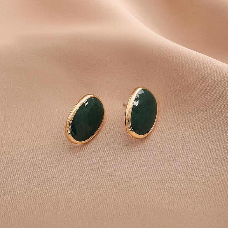 925 jarum perak Oval geometris telinga wanita retro elegan gelap hijau anting-anting niche Bahasa Pe