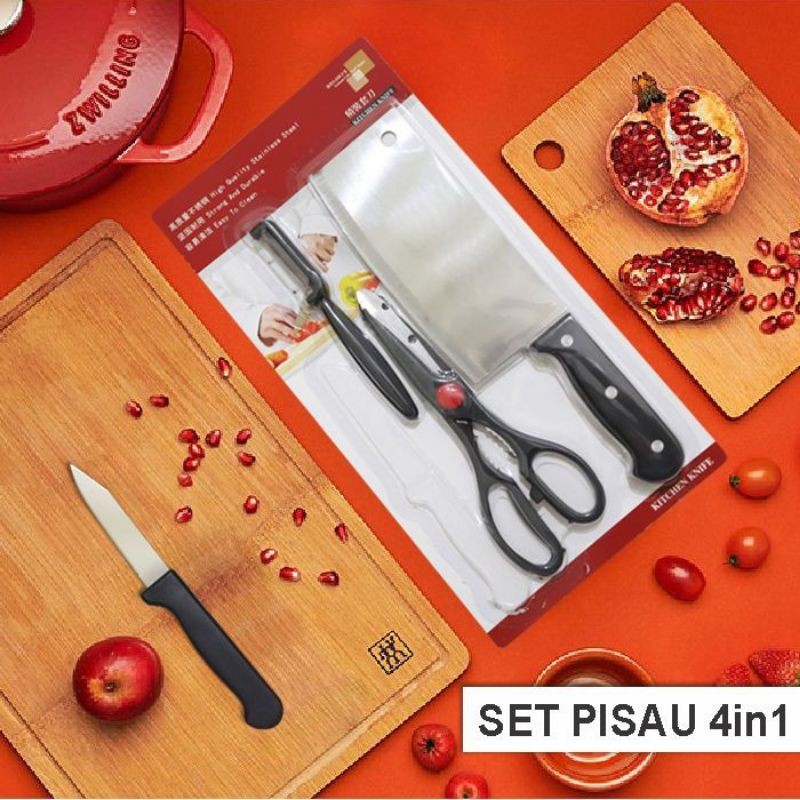 Medan Termurah/Set pisau besar dapur 4in1 black