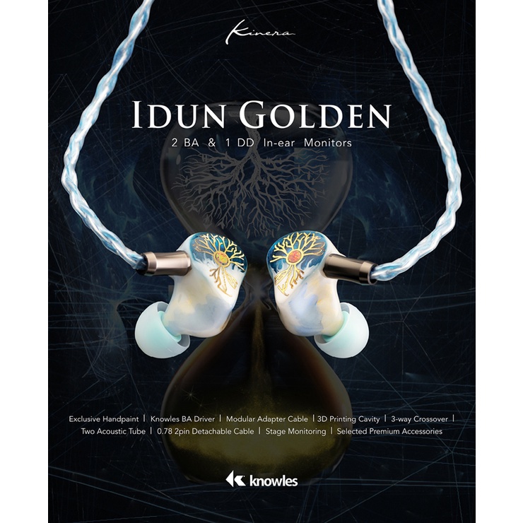 Kinera IDUN Golden IDUN2.0 Earphone In ear IEM 1ddd + 2BA Triple Hybrid Driver Dengan Kabel 0.78mm