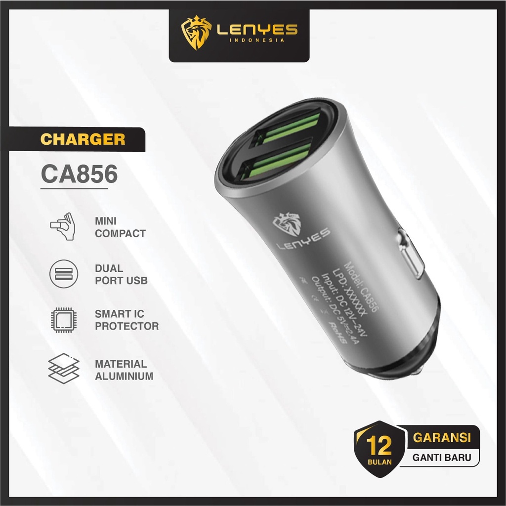 CAR CHARGER ADAPTOR CHARGER MOBIL LENYES CA856 CA-856 2.4A 2 USB KUALITAS PREMIUM