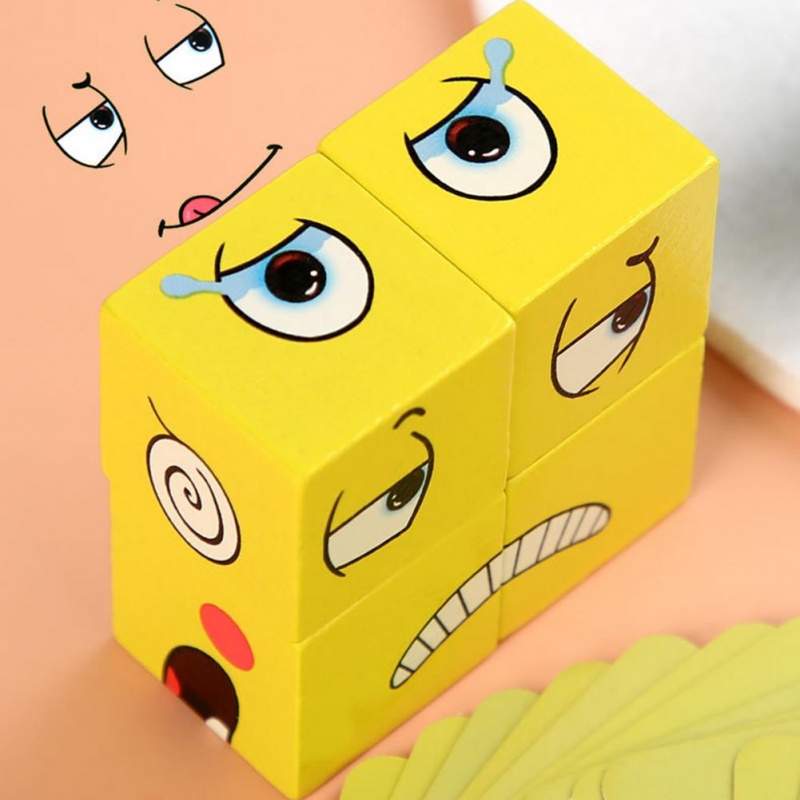 Wooden Educational Toys Magic Face Change Cube Building Blocks Puzzle Interactive Board Game Challenge Learn Emoticon Children Gift