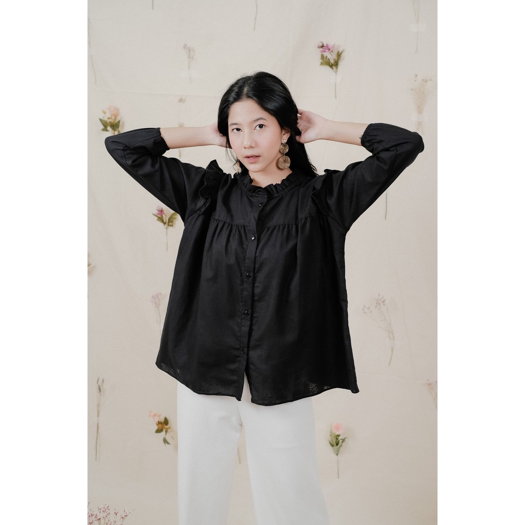 Sazkia Linen Shirt / Atasan Kemeja Wanita-Hitam