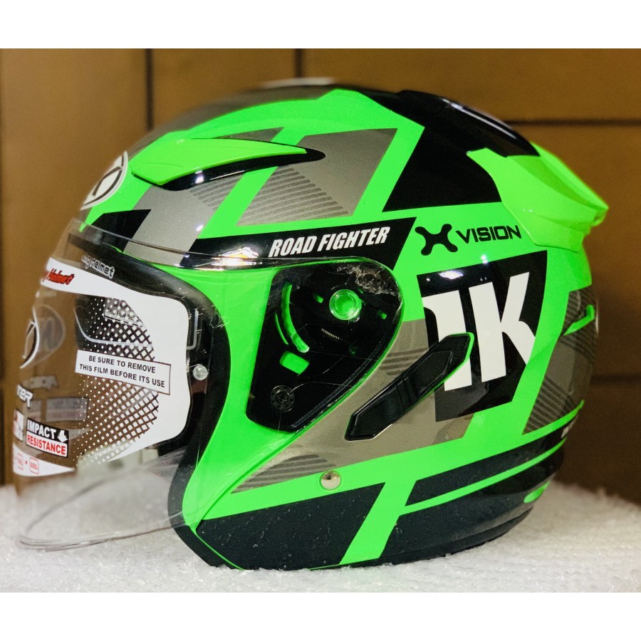 Jual Helm NHK R1 Neuro Green Fluo Silver Double Visor Half Face Helem